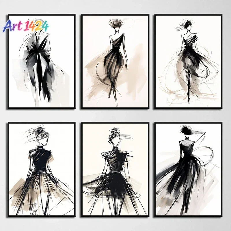1pc frameless Canvas Painting Fashion Design Sketch Abstract Woman Line Drawing Poster Print Canvas Painting Wall Art Picture