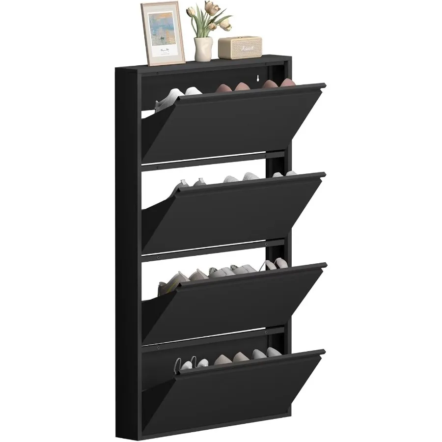 Modern Metal Shoe Cabinet with 4 Flip Drawers for Entryway Storage Hidden Narrow WallMounted Shoes Rack Organizer Ideal for Liv