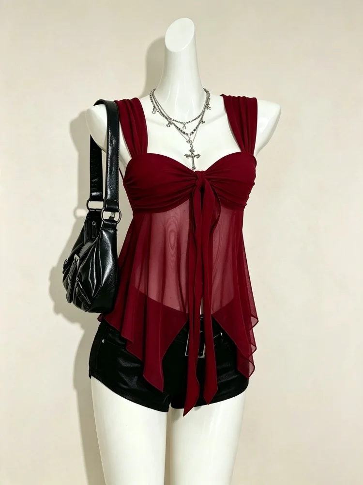 Casual Sweetheart Neck Ruffle Trim Mesh Tank Top. S33d8a4086a4a46f2b5497e7ed12b973cV
