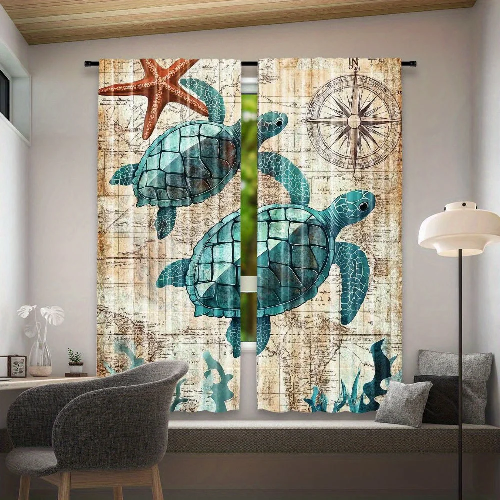 Nautical Ocean Life Coastal Decor Curtains Beach Style Window Drapes Tropical Sea Turtle Starfish Map Print