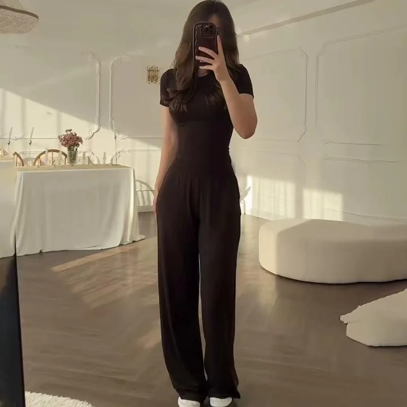 

Women's Summer round Ne Color Slim Fit Top Wide Leg Pants Faionable Versatile Set Sli And Slimming