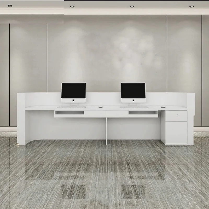 

Guangzhou white paint front company reception bar salon welcome checkout page curved front desk customization