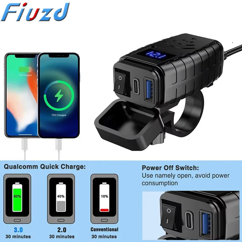 Extractme QC3.0 Motorcycle USB Charger 12V Waterproof Socket Handlebar Cell Quick Charger Adapter with Voltmeter Motor Accessory