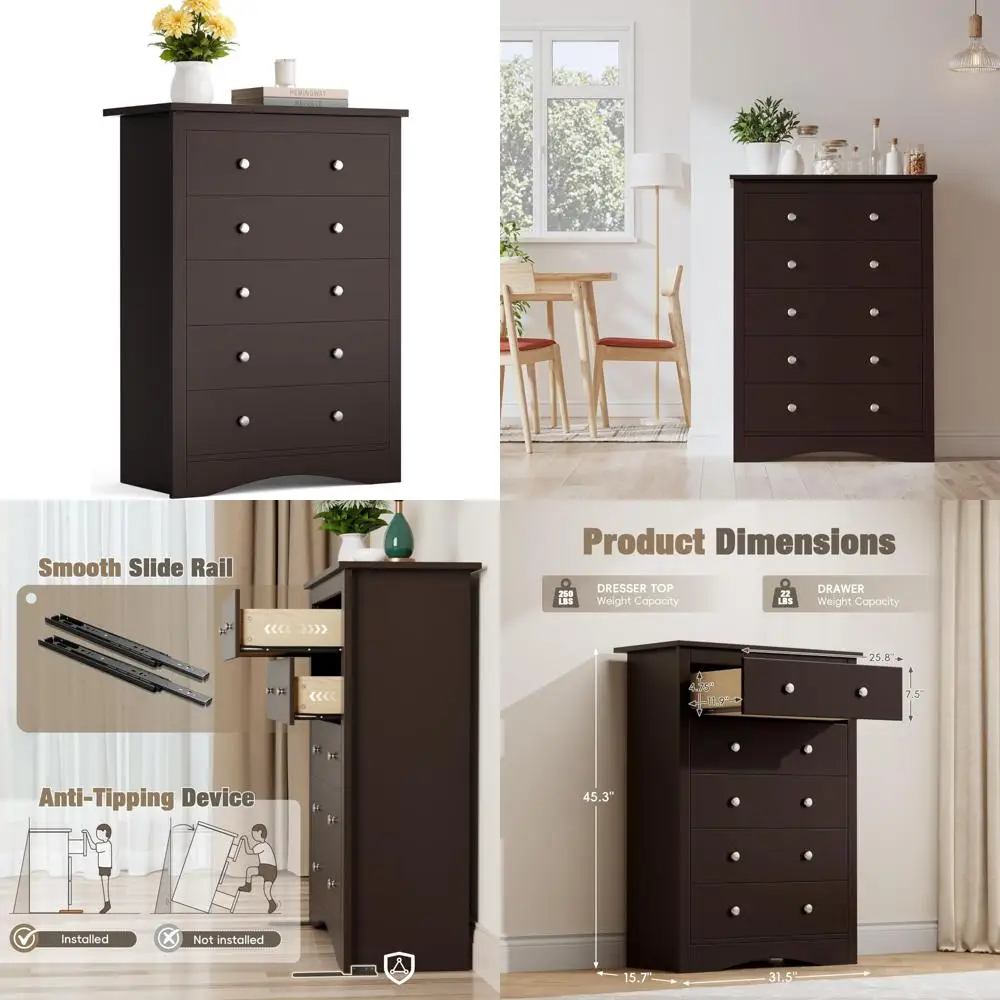 خزانة غرفة نوم طويلة مكونة من 5 أدراج، منظم خزانة ذات أدراج، أثاث تخزين مدخل المدخل، لمسة نهائية بنية #1