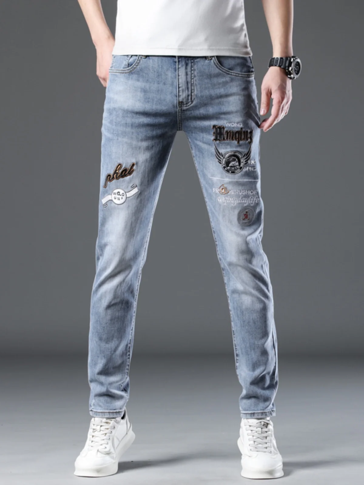 

Мужские джинсы Ele с вышивкой, облегающие, из хлопкового стрейч-денима, повседневные, в стиле High Street, с эффектом потертости, длинные брюки, индивидуальный стиль