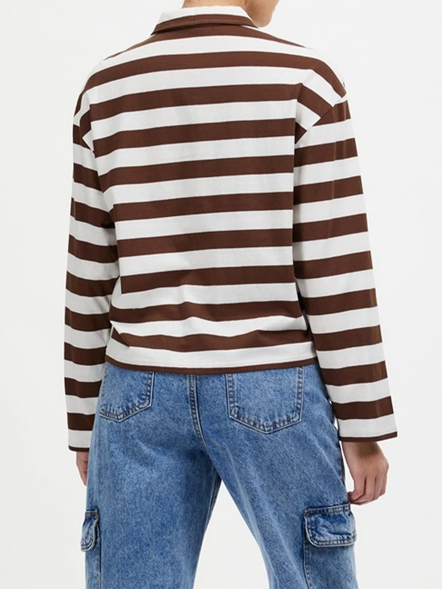 Women s Striped Sweatshirt Contrast Color Long Sleeve Lapel Neck Zip-up Casual T-Shirt