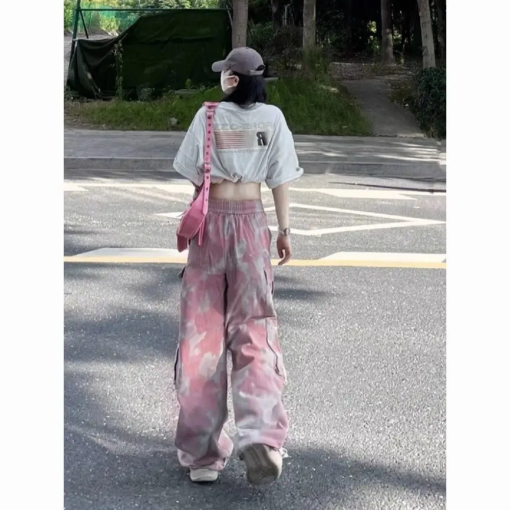 High-Waisted Camouflage Pink Workwear Jeans Women 2024 Autumn New Loose Slimming Wide-Leg Pants Street Hip-Hop Casual Trousers