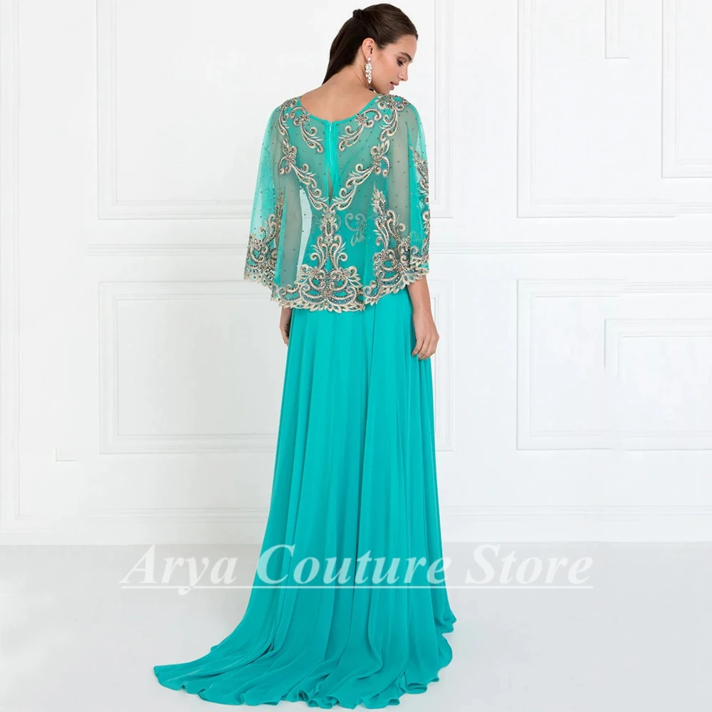 Green Elegant Crewneck Cape Mother of the Bridal Dresses Embroidered Appliques Chiffon Floor Length Wedding Party Banquet Gowns