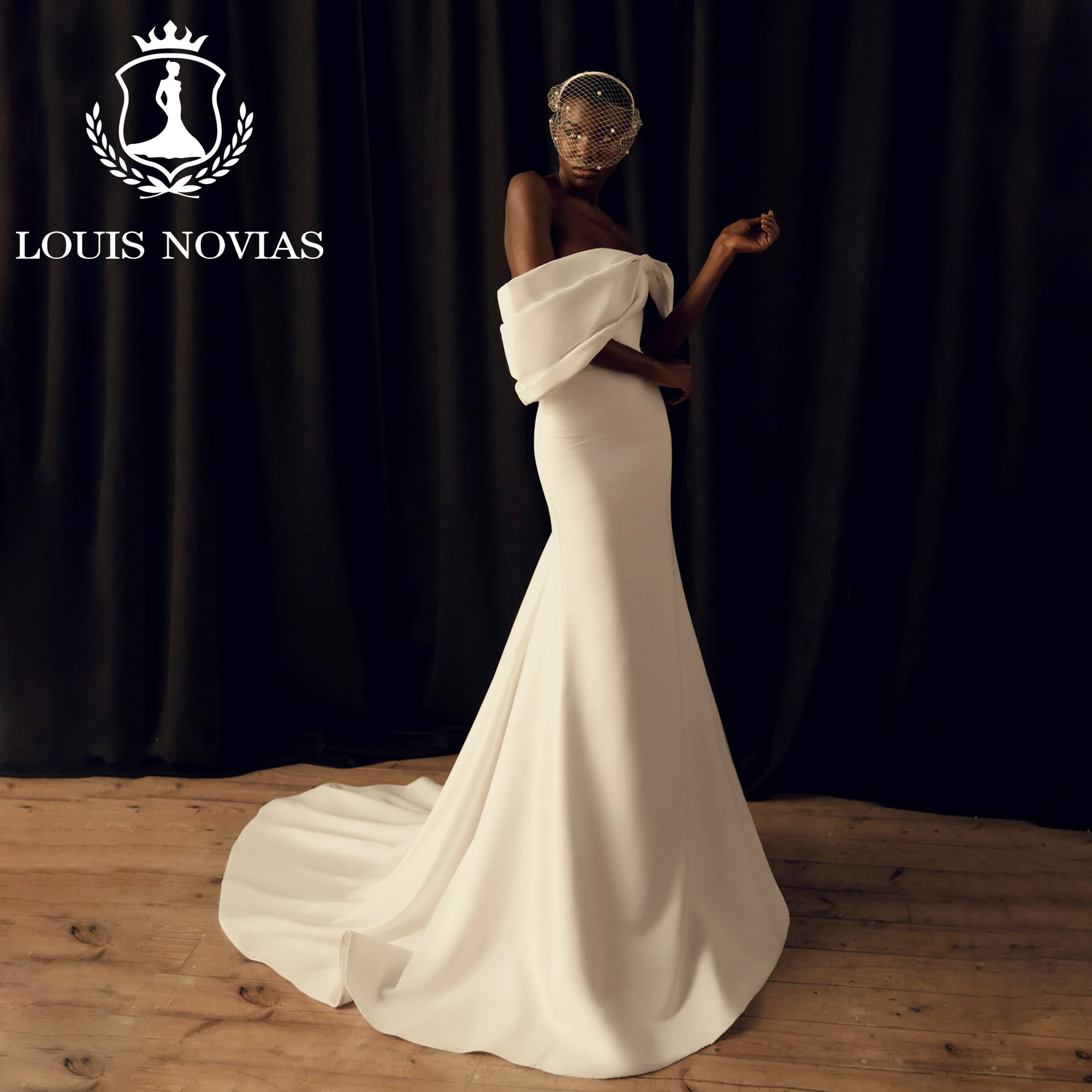 

LOUIS NOVIAS Mermaid Satin Wedding Dresses For Women Elegant Bride Off the Shoulder Bow Boat Neck Wedding Gown Vestidos De Novia