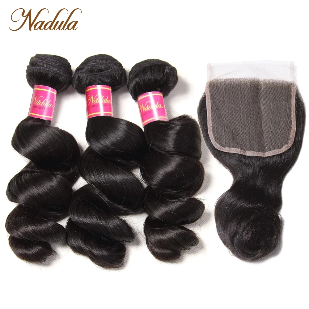 Nadula Hair Brazilian Loose Wave Bundles With Closure Remy Human Hair Bundles With Closure 4*4 Swiss Lace Closure With Bundles