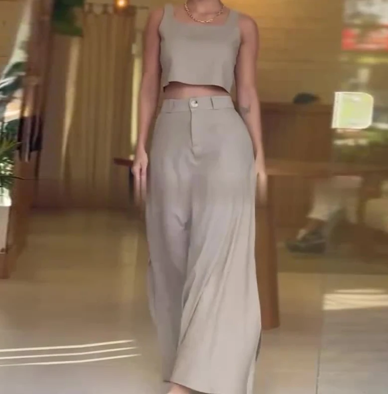 Two Piece Set Women Outfit 2024 Summer Fashion Square Neck Sleeveless Solid Color Crop Tank Top & Casual High Waist Skirt Set