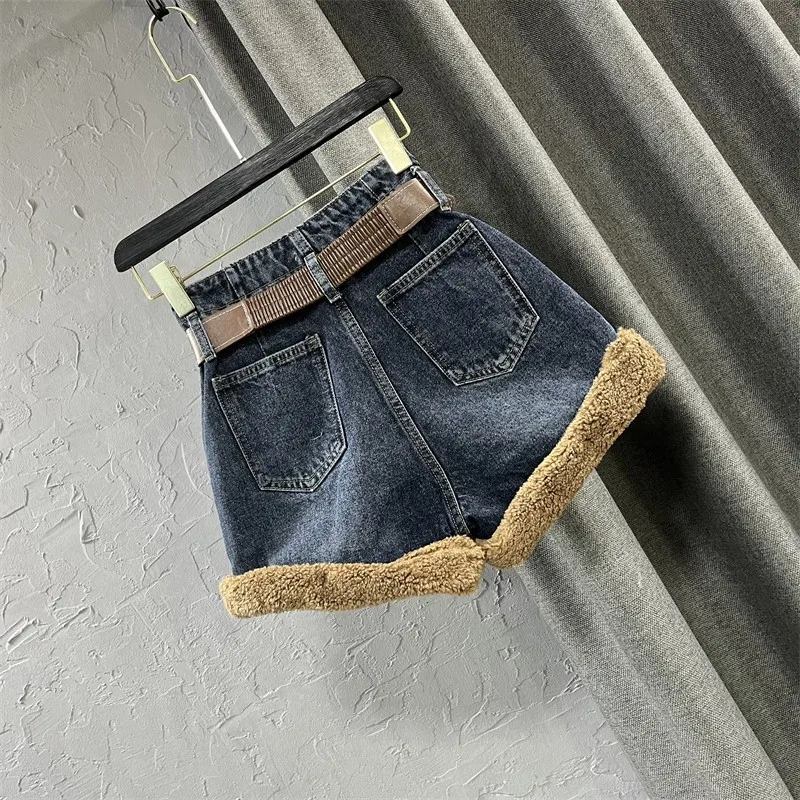 Leather Patchwork Belt Denim Shorts Thicked Women's Korean High Waisted Loose Wide Leg Pants Autumn Winter Fashion Short Pants