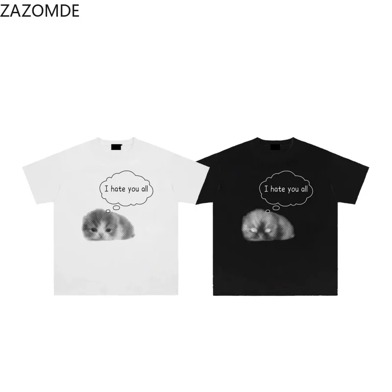 ZAZOMDE Aesthetic Dark Humor Pet Cat Printed T Shirts Short Sleeve Tops Funny Thought Bubble Text Graphic Hip Hop Casual Tees