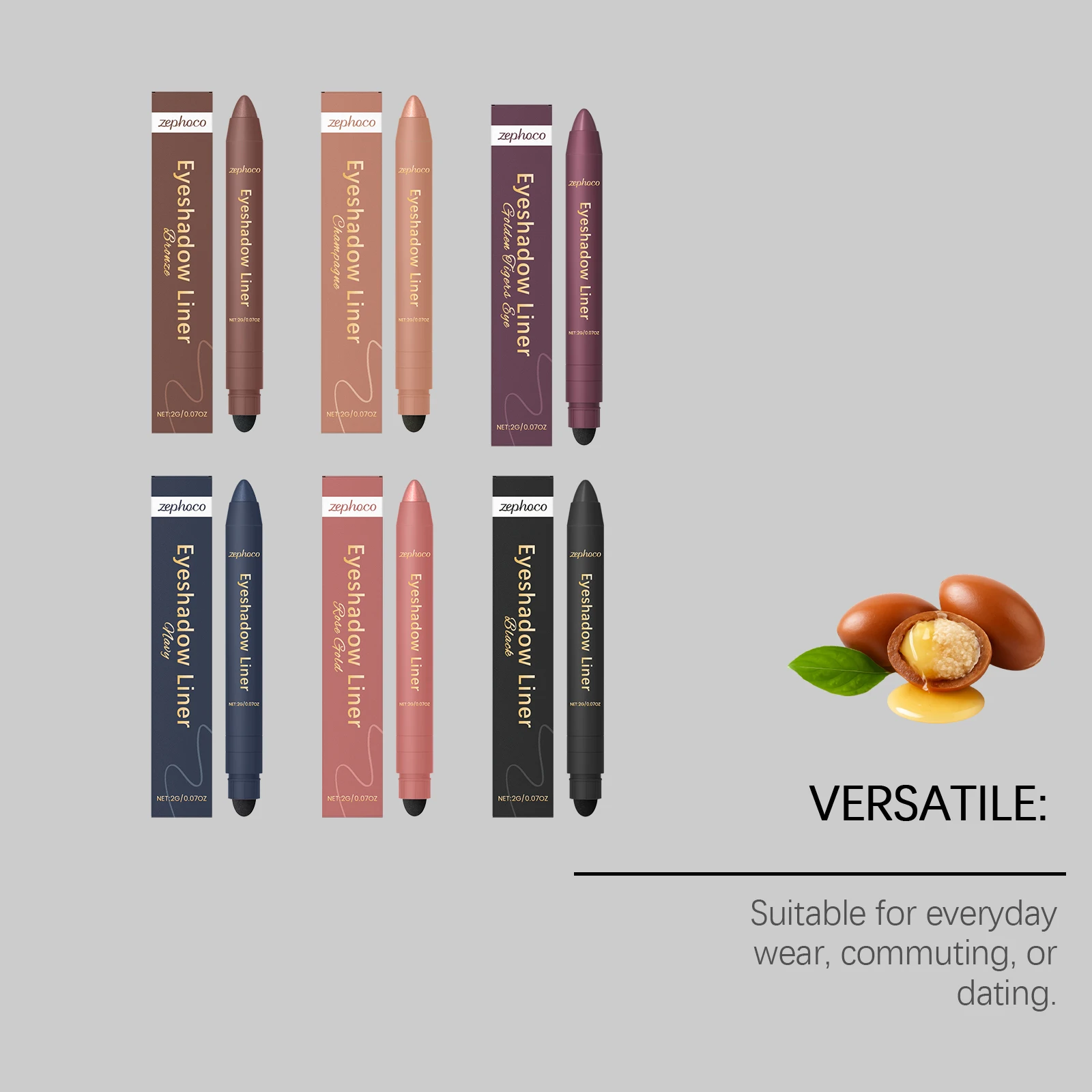 Zephooco delineador de olhos, 6 cores, à prova d'água, à prova de suor, dois em um, sombra de olhos, longa duração, suave, brilhante, maquiagem de olhos 2g