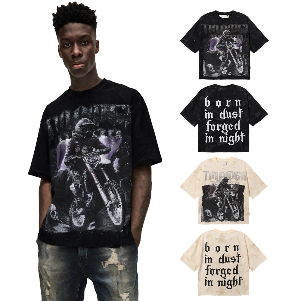 Streetwear Y2k Skulls Raider Graphic T Shirts with Rhinestones Street Style French Terry Cotton Casual Vintage Short Sleeve Tees