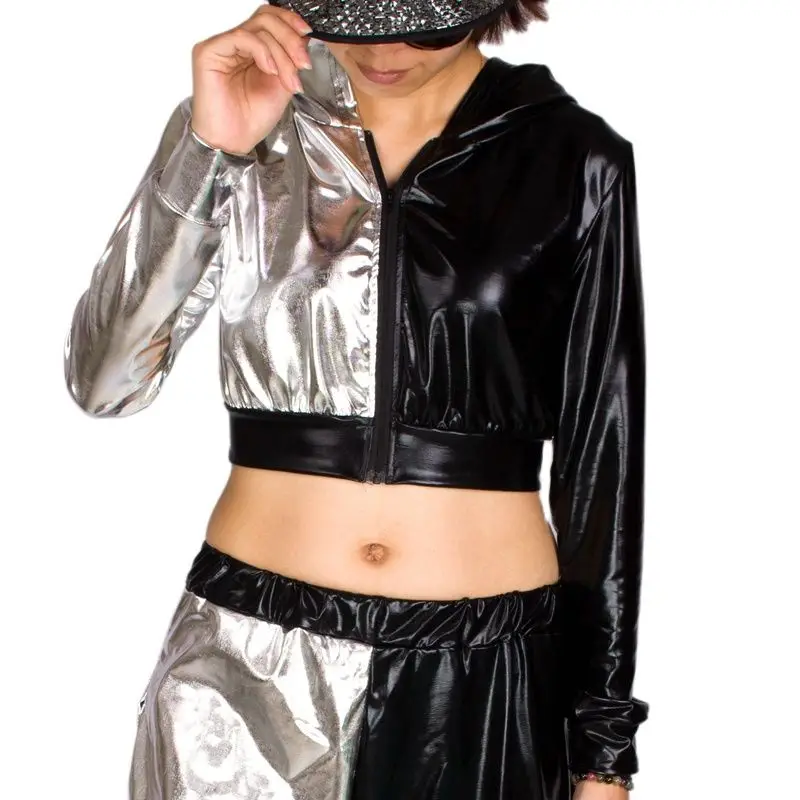 

Heroprose Brand Fashion Women Black Silver short Tops Clothing Jazz Hip Hop Dance Performance Dancer Withi a hood Coat Jacket