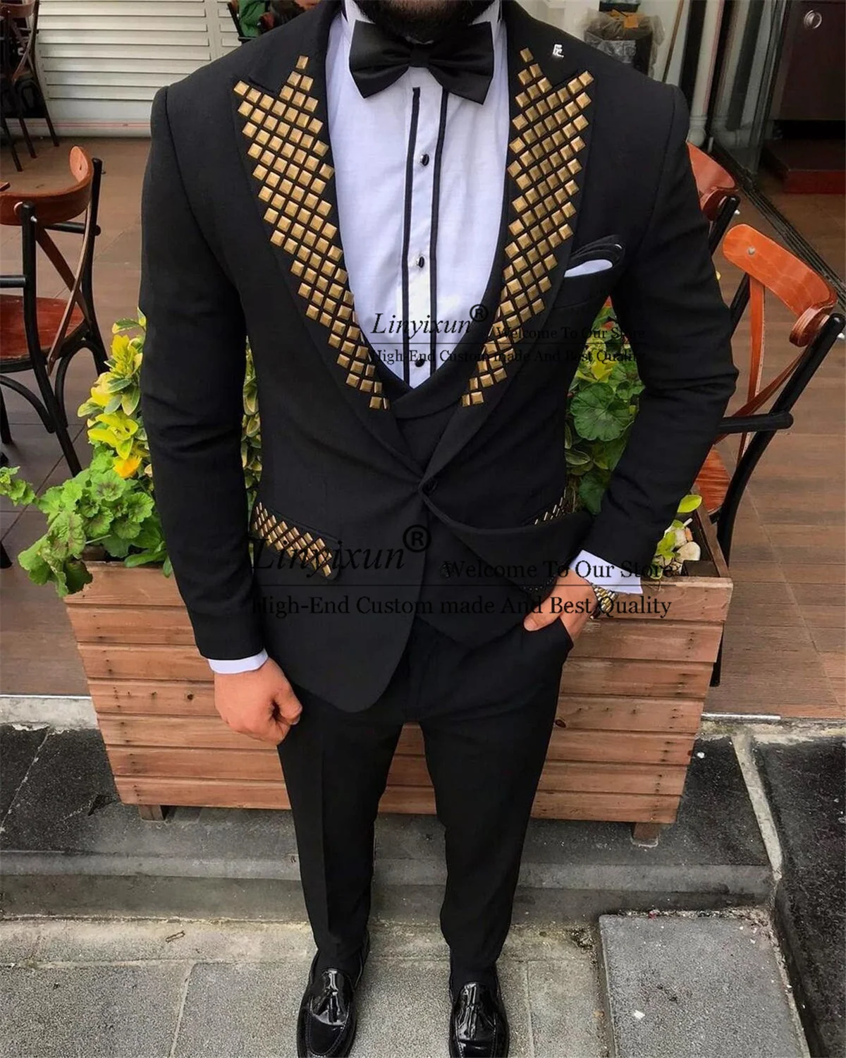 

Black Gold Sequins Men Suits 3 Pieces Set Handsome Groom Wedding Tuxedos Slim Fit Formal Business Male Blazer Vest Pants Outfit