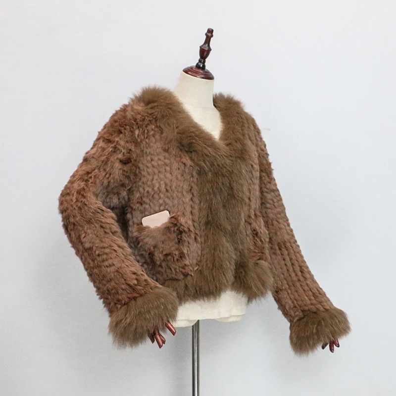 New Women's Real Rabbit Hair Knitted Coat Fashion Fox Hair Collar Knitted Cloak Thickened Warm Short Jacket Luxury Fur Tops
