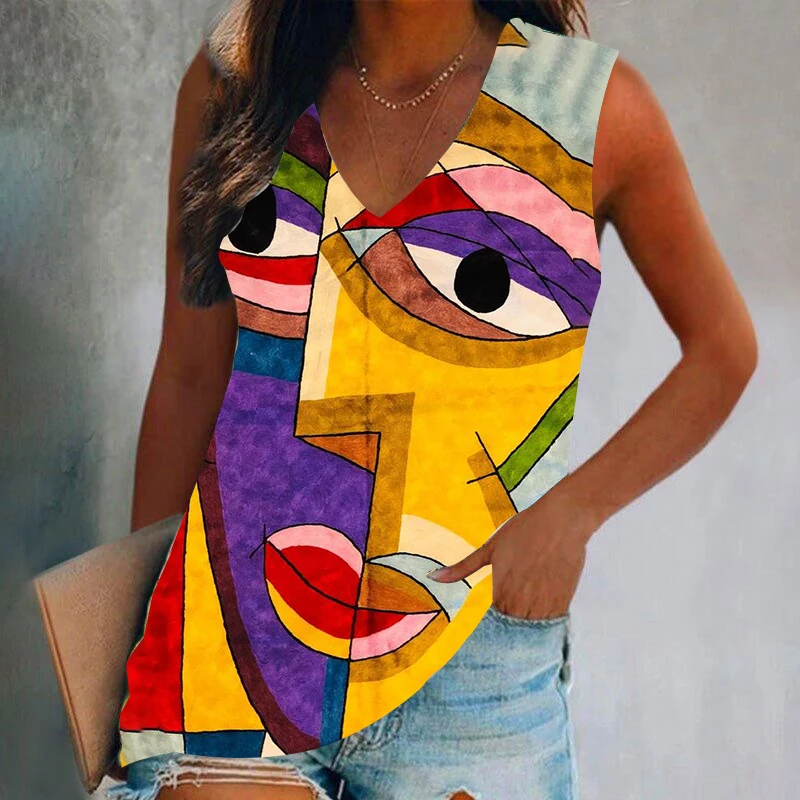 Abstract Face Tank Tops 3D Print Fashion Women Casual V Neck Sleeveless Camisoles Streetwear Off Shoulder Vest Woman Clothing