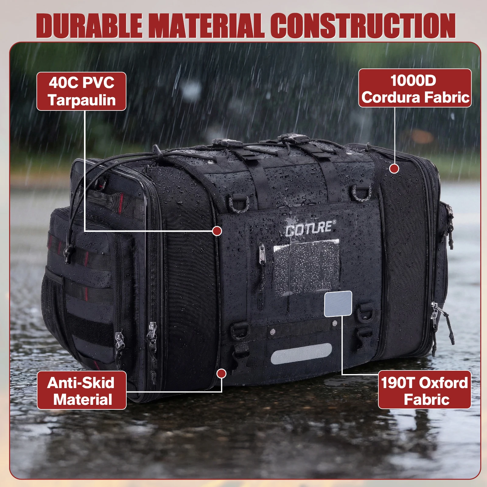 

Goture Waterproof Motorcycle Tail Luggage Bag, 50L-70L Expandable, a Rain Cover Included, Bag with 5 Rack Mount Straps