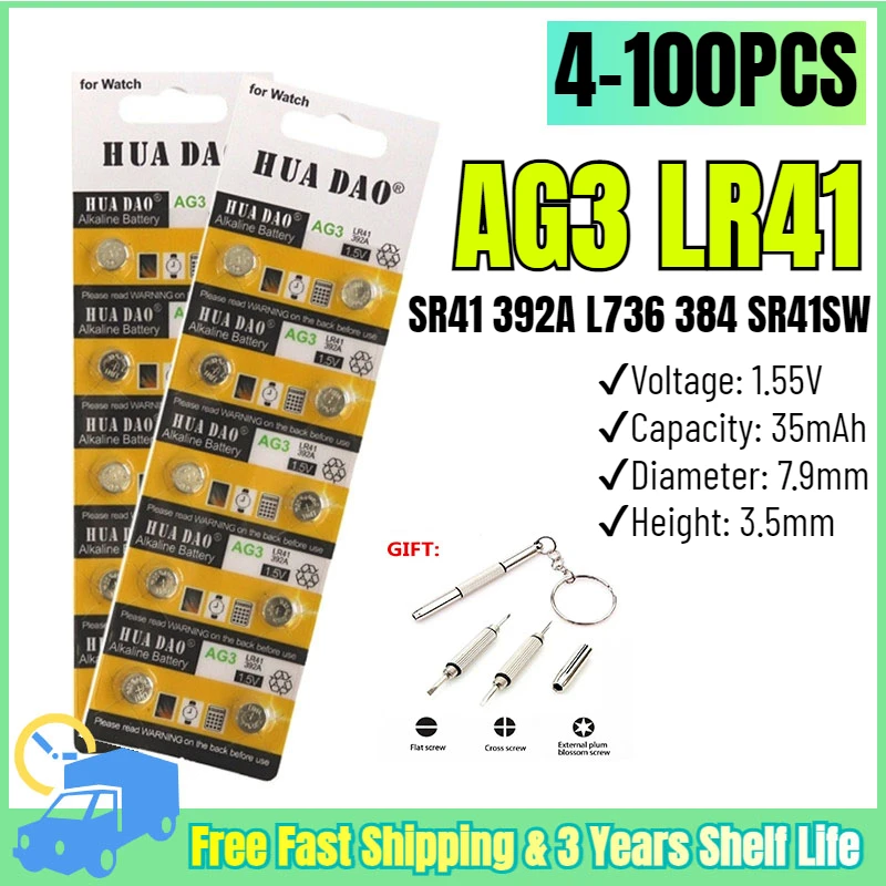 4-100PCS  AG3 LR41 Button Batteries SR41 392 192 Round Cell Coin Alkaline Battery L736 384 SR41SW CX41 For Watch Toys Clock