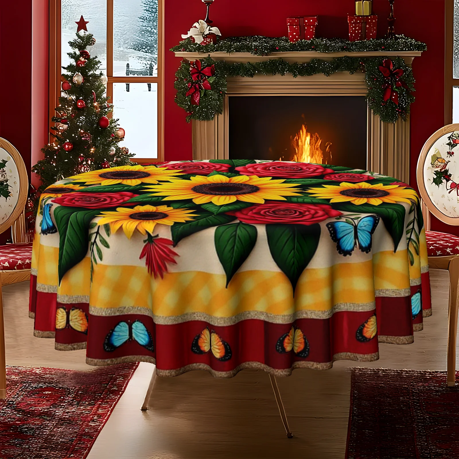 One circular tablecloth for Christmas, featuring a floral theme design, including sunflowerszyc