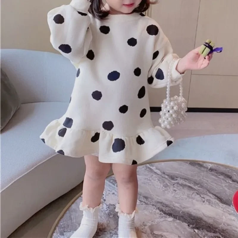 Girls Dress 2024 Autumn New Korean Girls' Splicing Pleated Dress Polka Dot Printed Baby Kids Casual Clothing