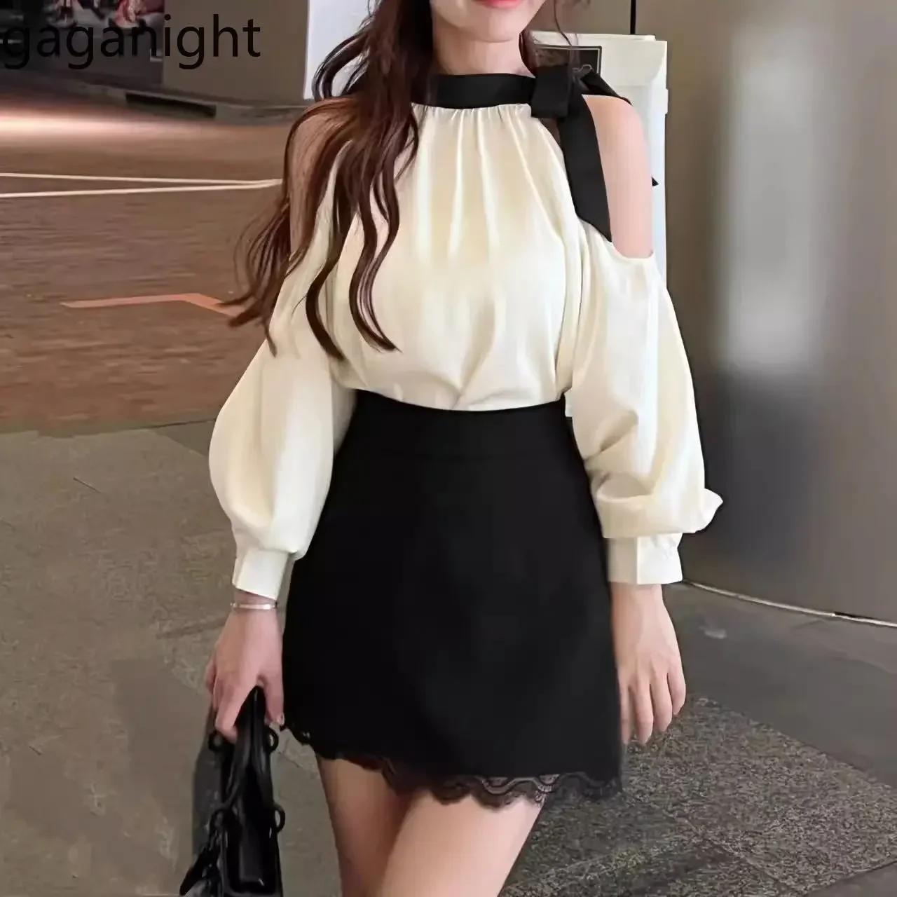 Gaganight Women O neck Color Contrast Shirt Early Autumn New Lace Satin Top High Grade Spicy Girl Off The Shoulder Shirt