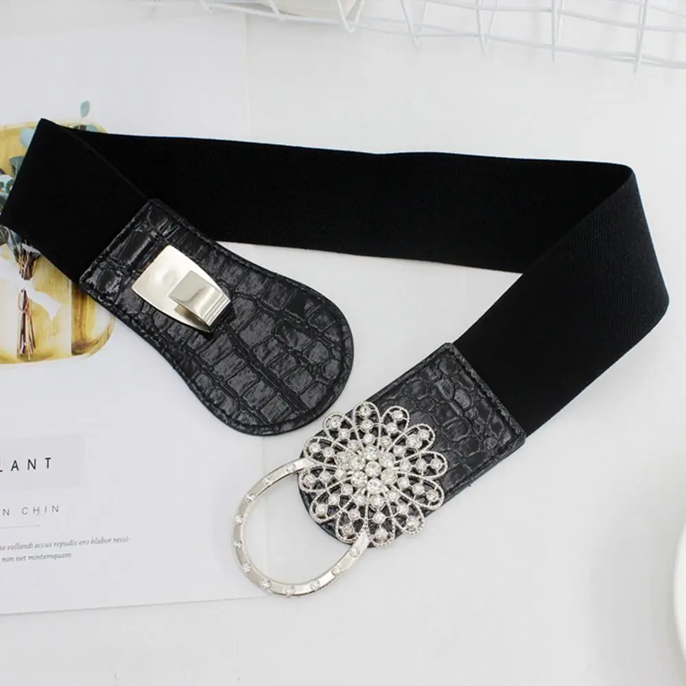 Women Ladies Crystal Swan Wide Women Black Cinch Waist Belt Elastic Stretch Gift