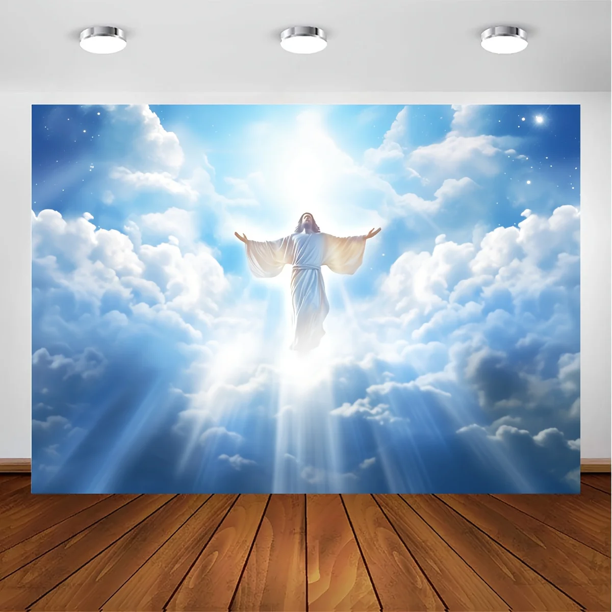 Fondo de cartel de Jesús Cristo en el cielo, Halo del cielo, punto sagrado, Feliz Navidad, bautizo, cumpleaños, accesorios de estudio fotográfico