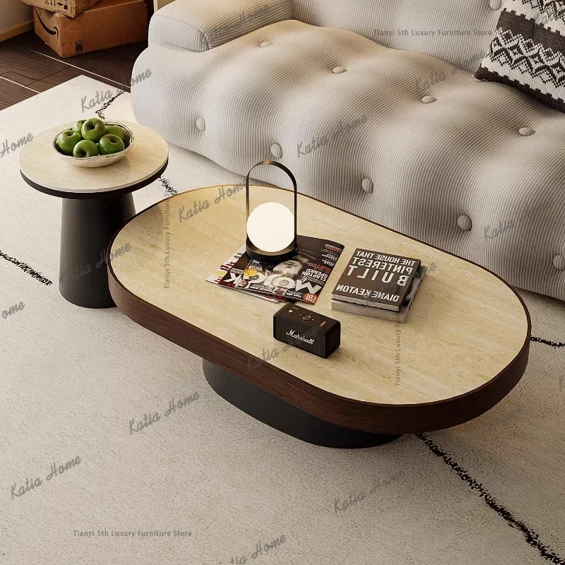ld vintage style metal coffee table Nordic creative living room oval hole rock slab coffee table home furniture mueble salon