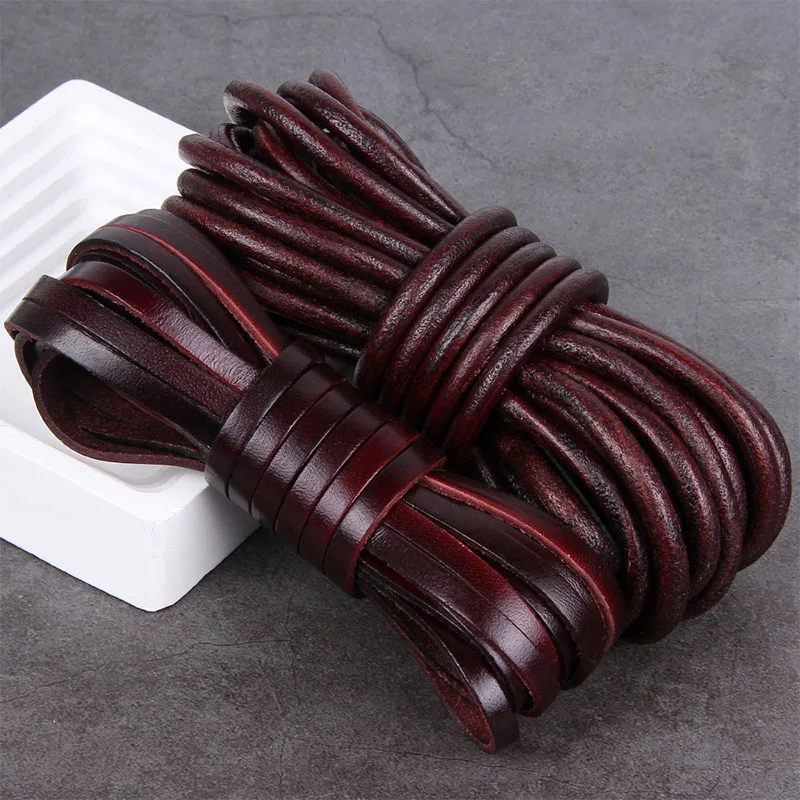 2 Meters Flat/Round Brown Genuine Leather Cords 1.5-10mm First Layer Of Cow Leather Bulk Rope Strings DIY Jewelry Accessories