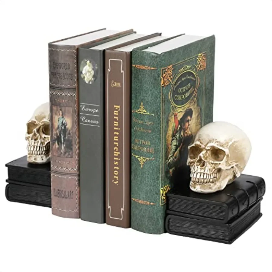 

Vintage Style Skull on Black Stacked Books Decorative Bookends foor Heavy Books Novelty Resin Skeleton Human Head Statue Hallow