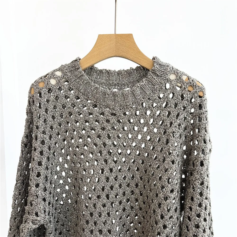 

25 осень/зима, новый женский свободный шелковый льняной вязаный топ с круглым вырезом и длинными рукавами, расшитый блестками