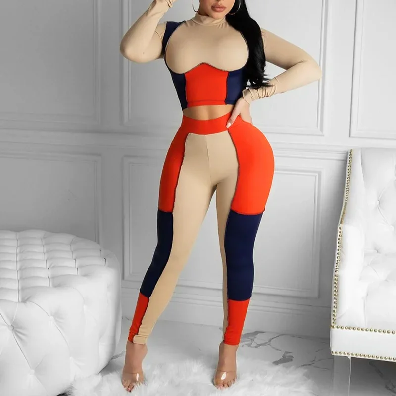 

Sexy Patchwork Skinny Rompers Women Autumn Mock Neck Crop Top+Stretchy Legging Matching Outfit Female Hot 2024 Suit Streetwear