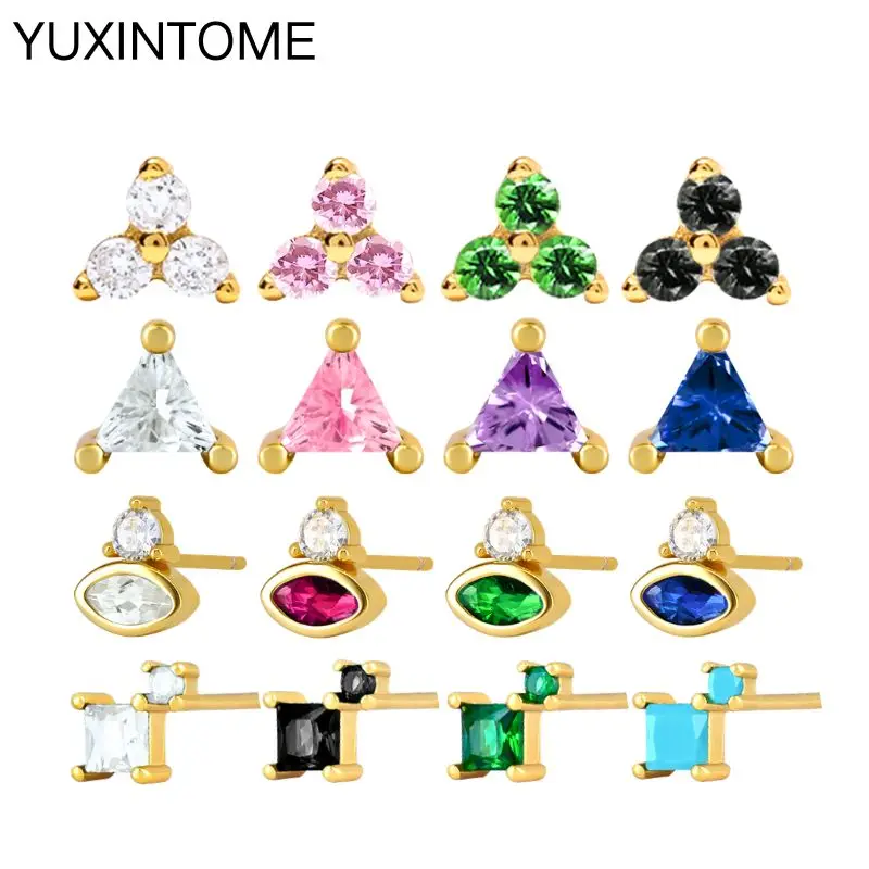 925 Sterling Silver Ear Needle Colorful Crystal Geometry Stud Earrings Triangle/Square Earrings For Women Party Fashion Jewelry