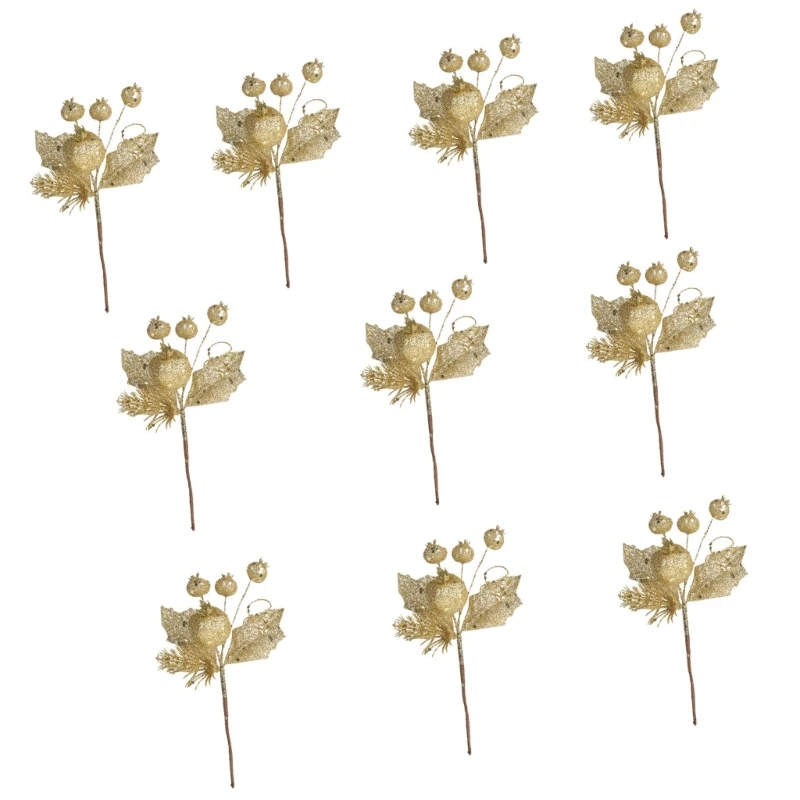 KX4B Paquete 10 decoraciones ramas con tallos bayas navideñas doradas y brillantes para jarrones árboles
