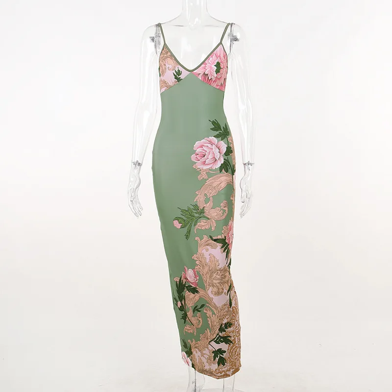 Robe maxi à imprimé floral pour femmes, col en V, dos nu, robe maxi slim, sexy et élégante