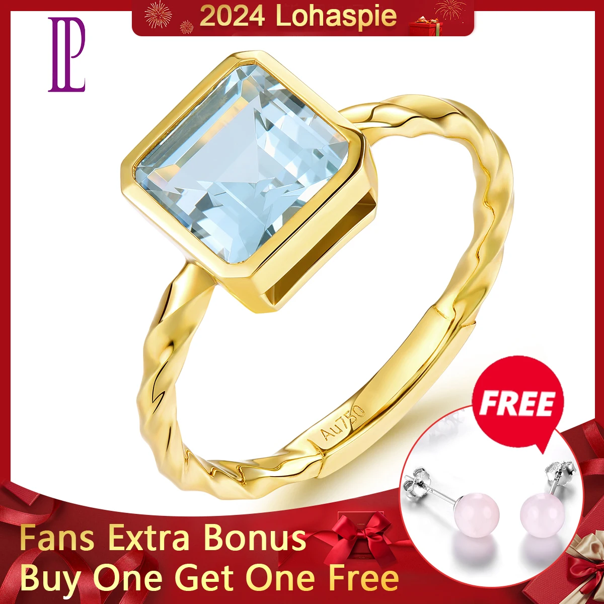 

Lohaspie Natural Aquamarine Real 18K Yellow Gold Rings 1.5 Carats Genuine Light Blue Gemstone Women Engagement Anniversary Gifts