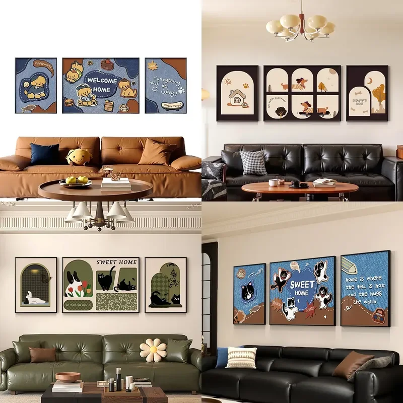 for Dopamine cowboy style living room decoration painting trendy cartoon animal triptych sofa background wall hanging mural