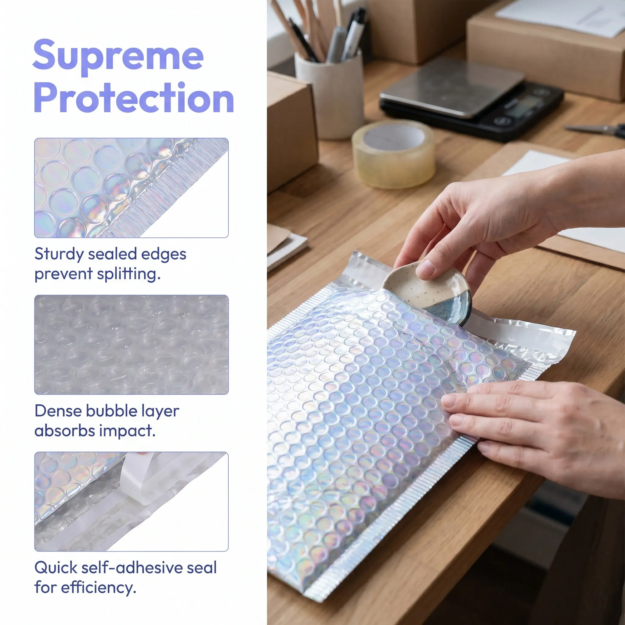 30Pcs Bubble Mailers Holographic Self Seal Poly Padded Bags Waterproof Shipping Envelopes for Jewelry Cosmetics Electronics