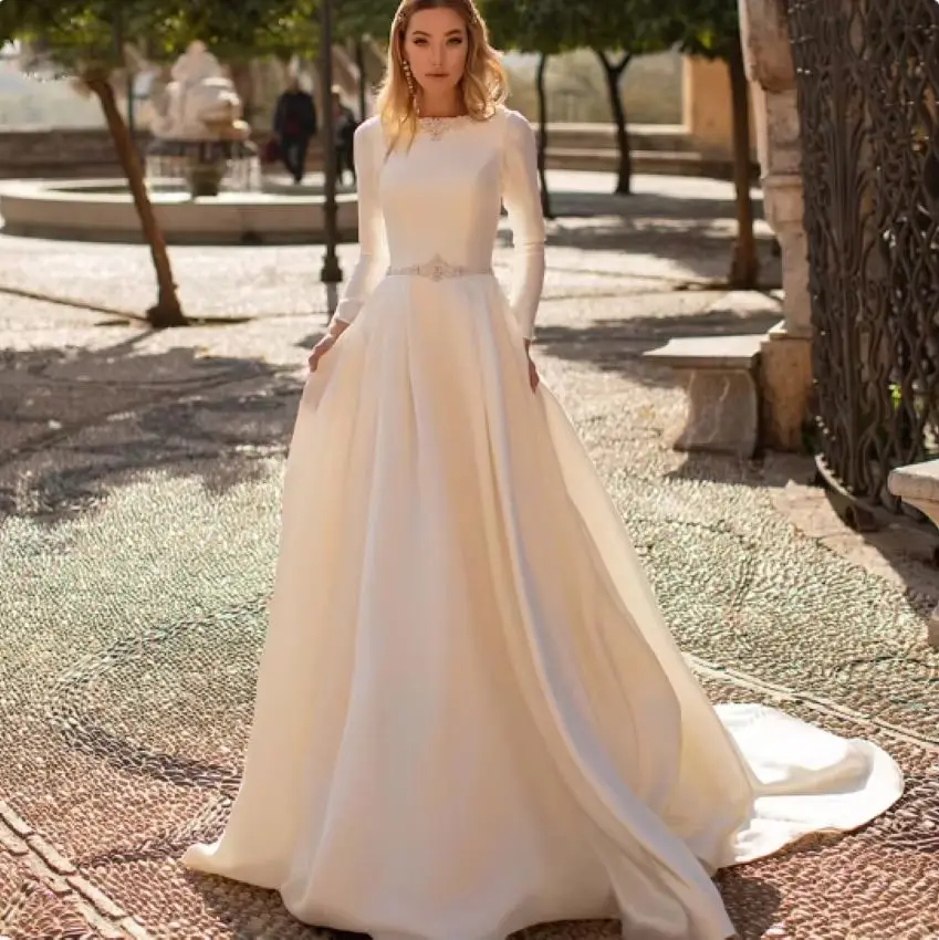 A Line Backles Satin Beading Bridal Gowns With Sweep Train Custom Made Covered Button Back Elegant Long Sleeves Wedding Dresses