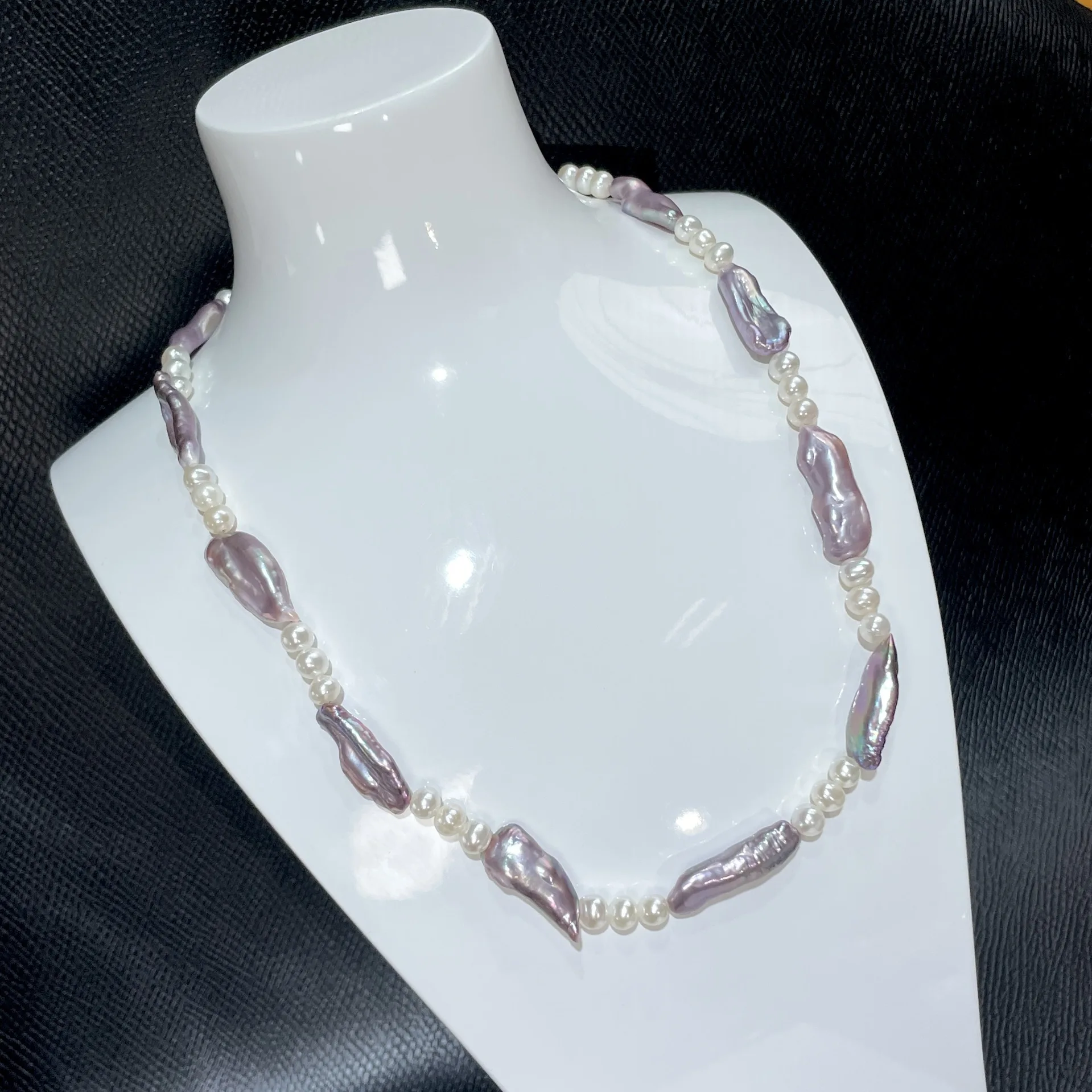 freshwater pearl white  near round 5-6mm purple biwa necklace 45cm FPPJ wholesale beads nature