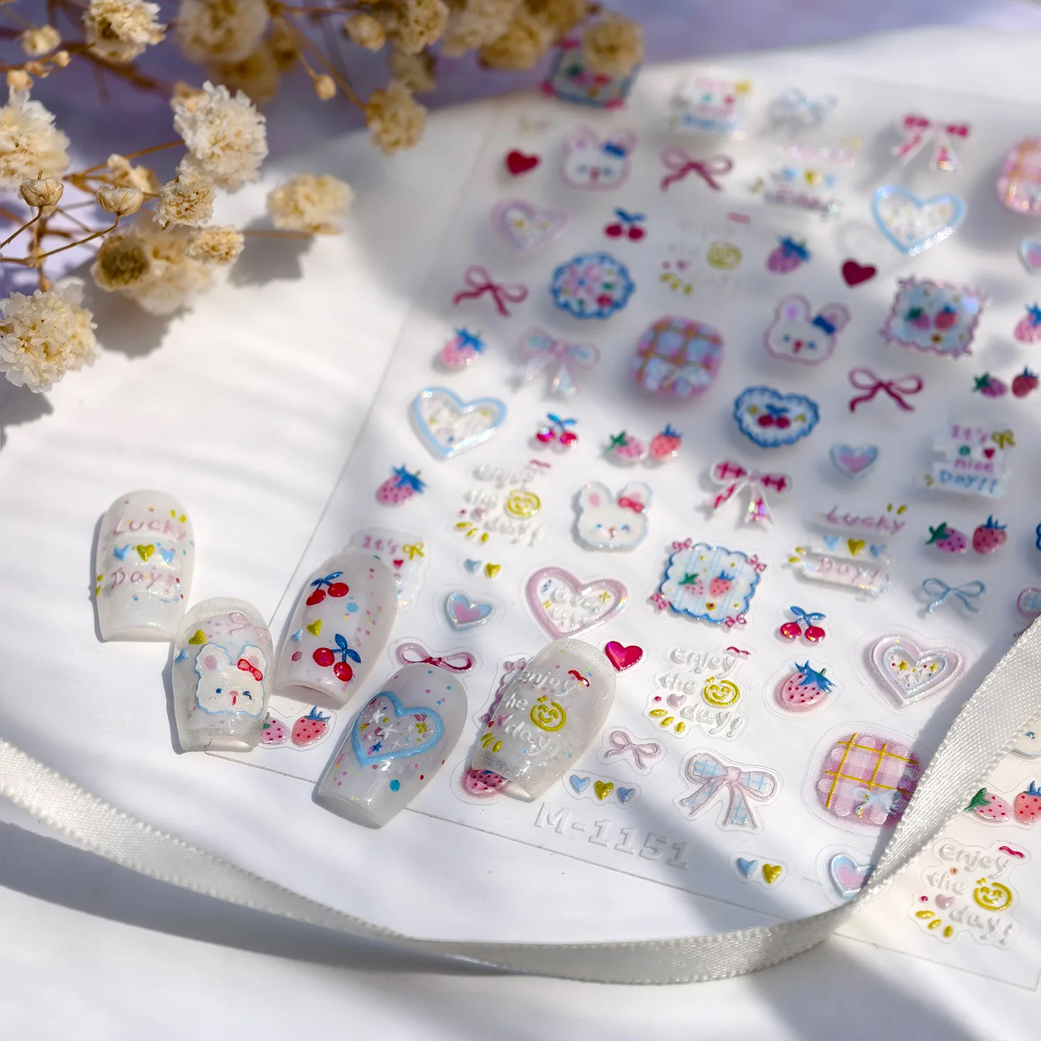 Cute Rabbit Strawberry Nail Stickers Broken Glass Glitter Fresh Bow Heart Self Adhesive Premium Vinyl Glossy for Women Party