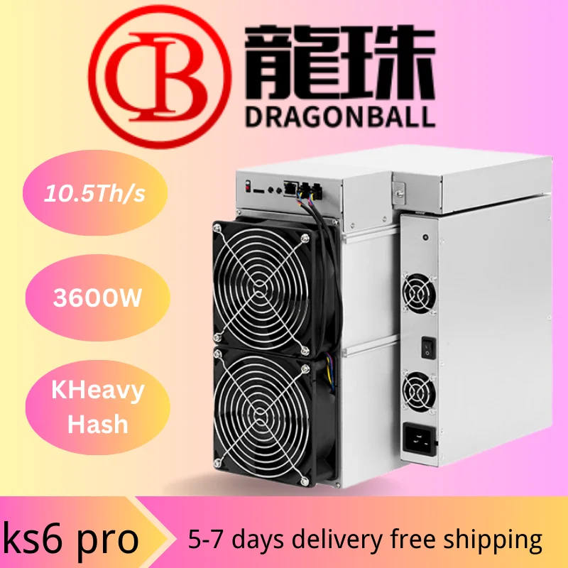 Model KS6 Pro from DragonBall Miner mining KHeavyHash algorithm with a maximum hashrate of 10.5Th/s for a power consumption of 3