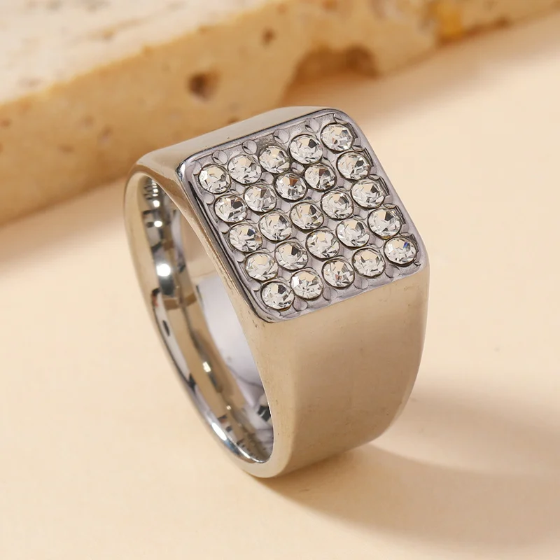 14mm Delicate Shiny Cubic Zirconia Signet Ring for Men Square Stainless Steel Finger Band Gothic Punk Rock Boy Stamp Jewelry view 4