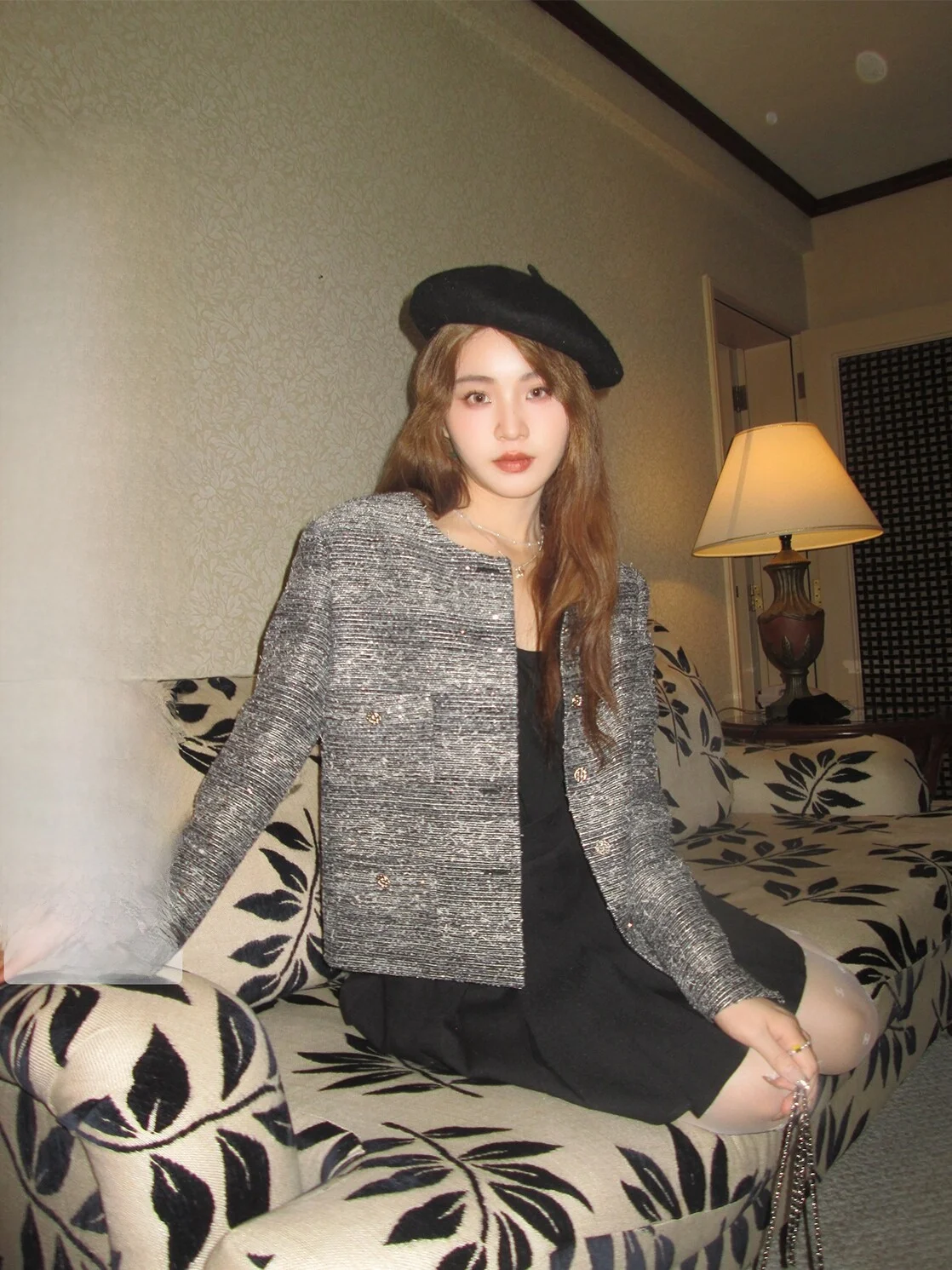 

Iceollox Tweed Style Women's Jacket 2023 New Fashion Spring Autumn Short Long Sleeve round Neck Button up Polyester Wool Blend