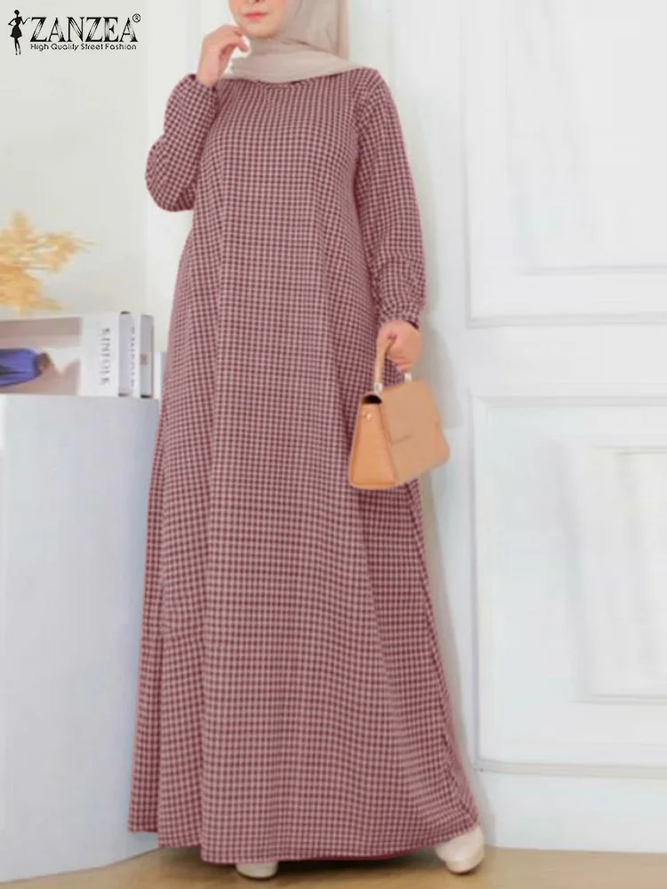 ZANZEA Muslim Fashion Abaya Robe Femme Vintage Checked Maxi Dress Long Sleeve Baggy Sundress Turkey Dubai Vestidos Plaid Kaftan