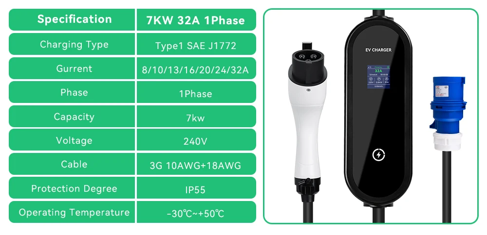 IPENGEN 7 kW tragbares EV-Ladegerät Typ 1, 5 m Kabel, 32 A, SAE J1772, CEE-Stecker, EVSE-Ladung für Elektrofahrzeuge, einstellbarer Strom – Detail 1