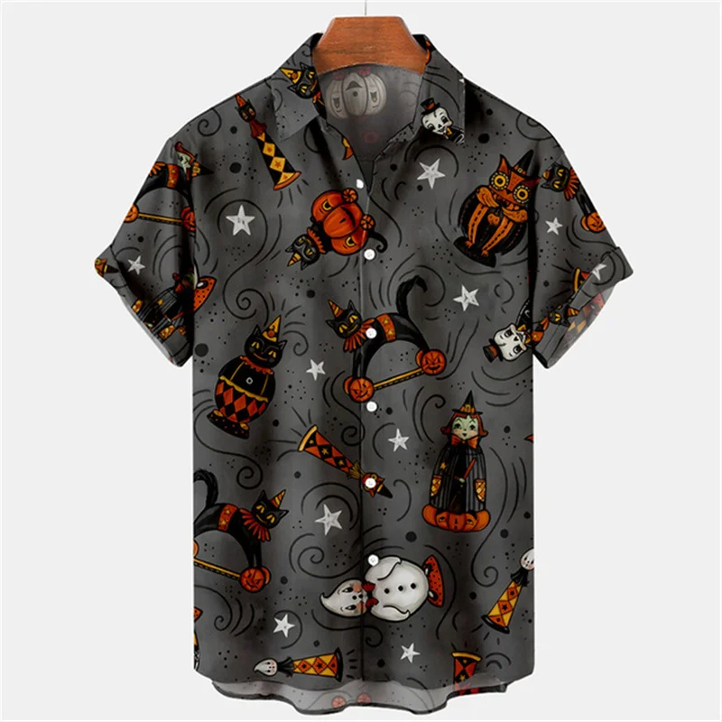 Vintage Men\'s Shirt Halloween Pumpkin Head 3D Print Men\'s Clothing Summer  Casual Hawaii Beach Hawaiian Harajuku Holiday Shirt